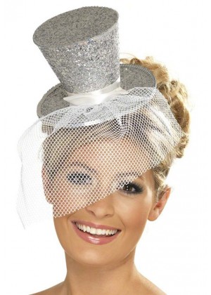 SILVER Fever Mini Top Hat on headband Ladies Mini Glitter Top Hat