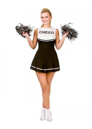 Black Ladies Cheerleader School Girl Uniform Fancy Dress Costume