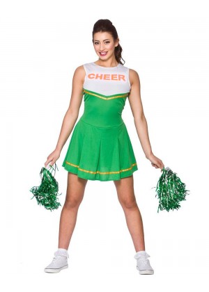 Green Ladies Cheerleader School Girl Uniform Fancy Dress Costume