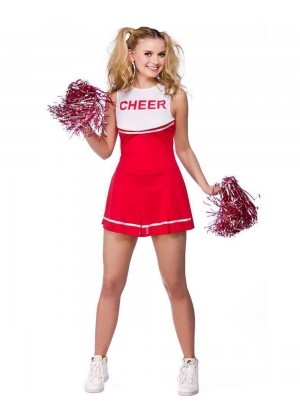 Red Ladies Cheerleader School Girl Uniform Fancy Dress Costume