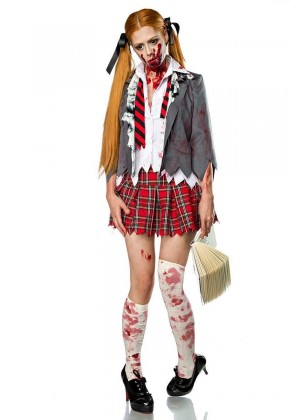 Ladies Halloween Bloody Zombie School Girl Dress Costume