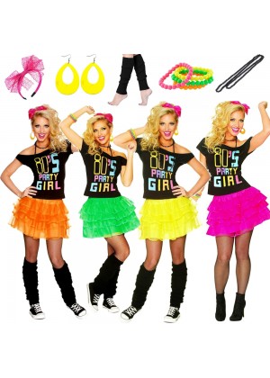 Ladies 80s Party Girl T-shirt Skirt Costume full set lh181lh186