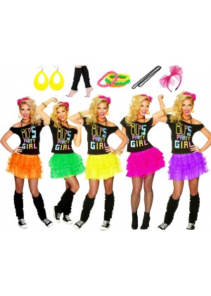 Ladies 80s Party Girl T-shirt Skirt Costume full set lh181lh186