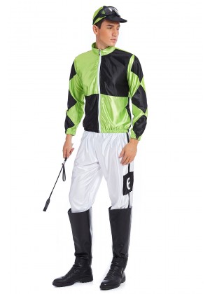 Green Black Jockey Horse Racing Rider Mens Uniform Fancy Dress Costume Outfit Hat