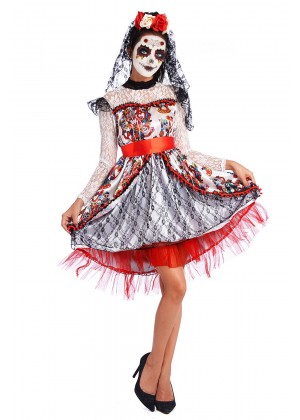 Ladies Day of the Dead Sugar Skull Halloween Fancy Dress Costume