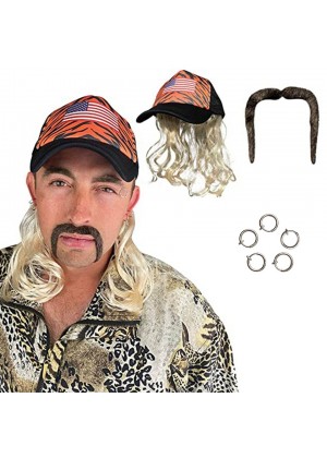Mens Tiger King Joe Cap with Mullet Wig Moustache Earrings lm134