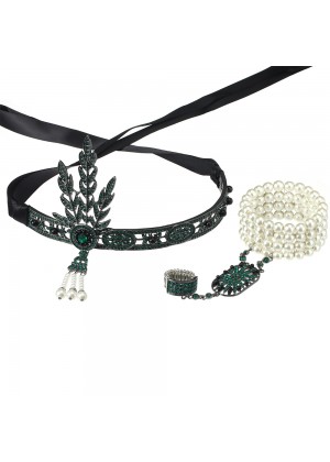 Green 1920s Headband Bracelet Ring Set