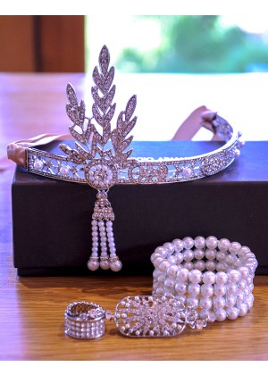 1920s Headband Bracelet Ring Set Vintage Bridal Great Gatsby Flapper Headpiece gangster ladies