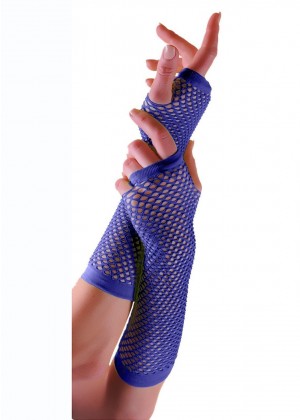 Blue Fishnet Gloves Fingerless Elbow Length 70s 80s Women's Neon Party Dance 