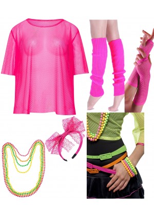 Pink Neon Fishnet Vest Top T-Shirt Set