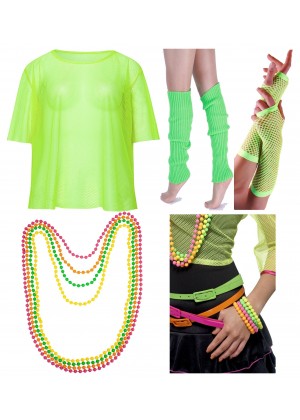 Green String Vest Mash Top Net Neon Punk Rocker Fishnet Rockstar 80s 1980s Costume Beaded Necklace Bracelet  legwarmers gloves