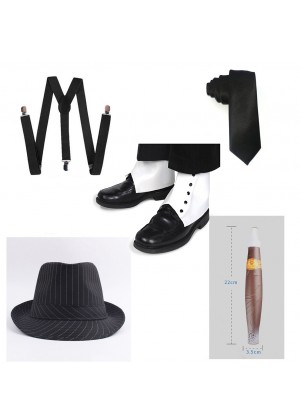 Black Mens 1920s 20s Gangster Set Hat Braces Tie Cigar Set Gatsby Costume Accessories