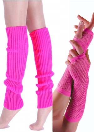 Coobey 80s Neon  Fishnet Gloves  Leg Warmers accessory set Pink