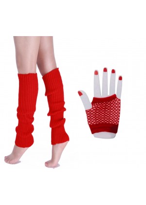 Coobey 80s Neon  Fishnet Gloves  Leg Warmers accessory set Red