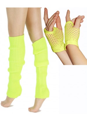 Coobey 80s Neon Fishnet Gloves Leg Warmers accessory set Yellow