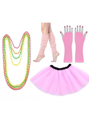 Baby Pink Coobey Ladies 80s Tutu Skirt Fishnet Gloves Leg Warmers Necklace Dancing Costume Accessory Set