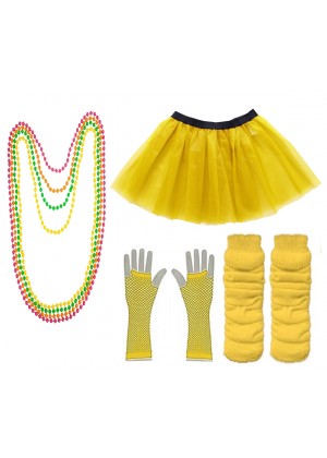 Yellow Coobey Ladies 80s Tutu Skirt Fishnet Gloves Leg Warmers Necklace Dancing Costume Accessory Set