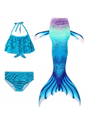 Kids Mermaid Costume Tail Monofin Blue Swimsuit Bikini