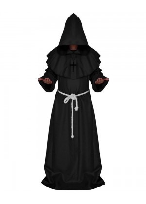 Black Medieval Friar Hooded Robe Monk Cross Necklace Renaissance Costume Cosplay Mans Halloween