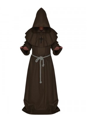 Brown Medieval Friar Hooded Robe Monk Cross Necklace Renaissance Costume Cosplay Mans Halloween