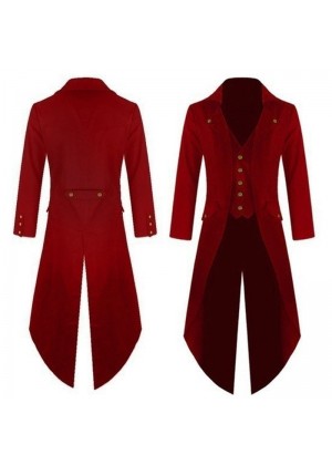 Red Mens Steampunk Vintage Tailcoat Jacket Gothic Victorian Frock Coat Business Suit Ringmaster