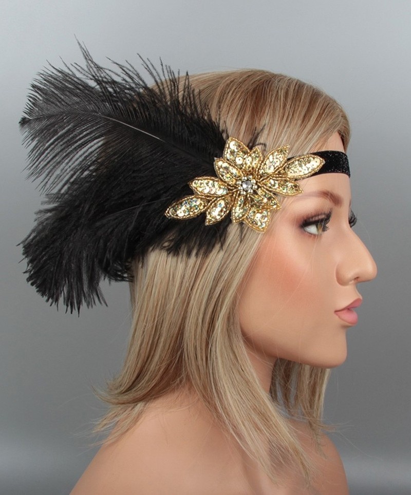 1920s Headband Black Feather Bridal Great Gatsby Flapper 20s Headpiece Gangster