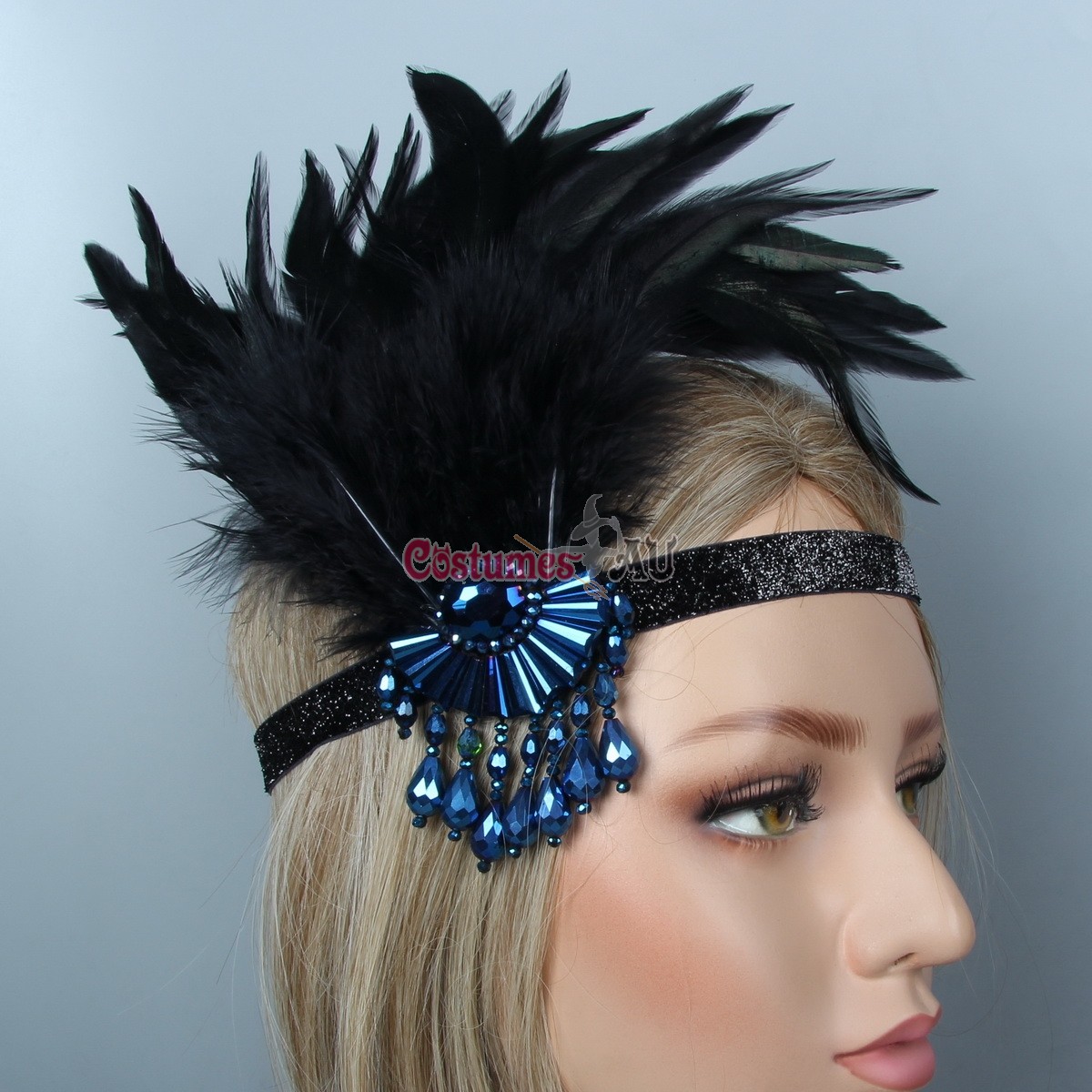 1920s Headband Blue Feather Bridal Great Gatsby 20s Flapper Headpiece Gangster